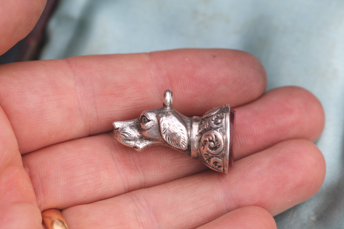 Antique Victorian Sterling Silver Dog Head Carnelian Pendant | 1896 — view 13