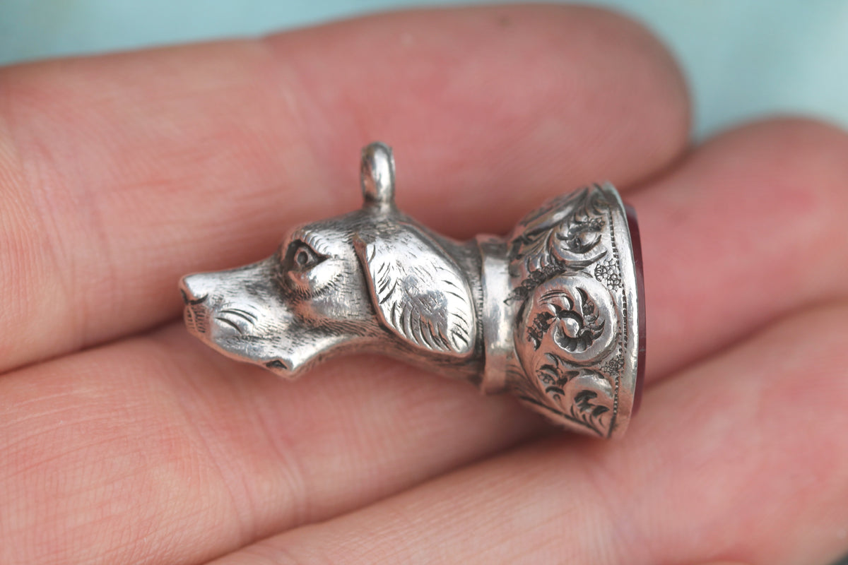 Antique Victorian Sterling Silver Dog Head Carnelian Pendant | 1896 — view 14