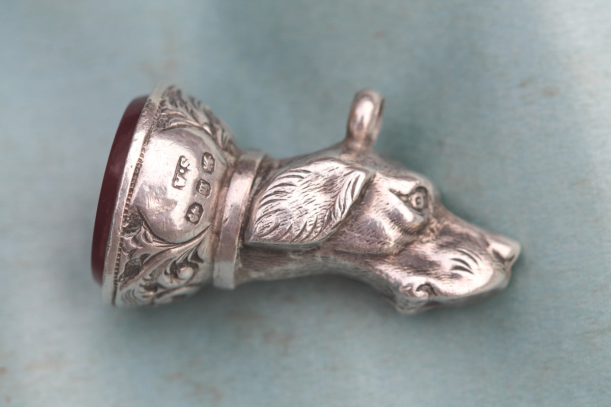 Antique Victorian Sterling Silver Dog Head Carnelian Pendant | 1896 — view 15