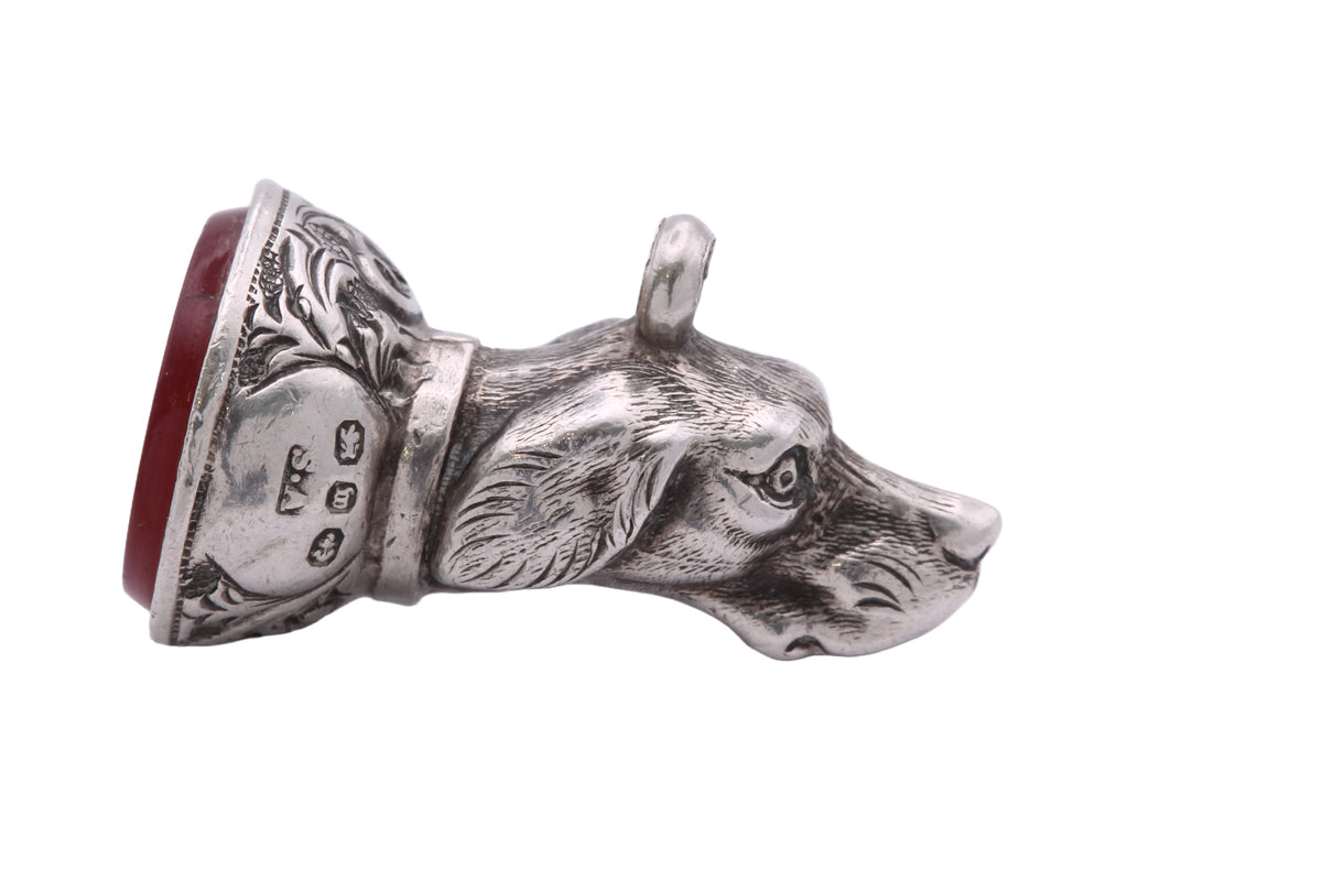 Antique Victorian sterling silver dog head carnelian seal fob