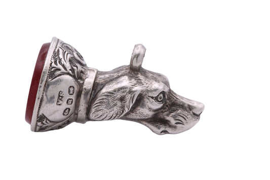 Antique Victorian sterling silver dog head carnelian seal fob