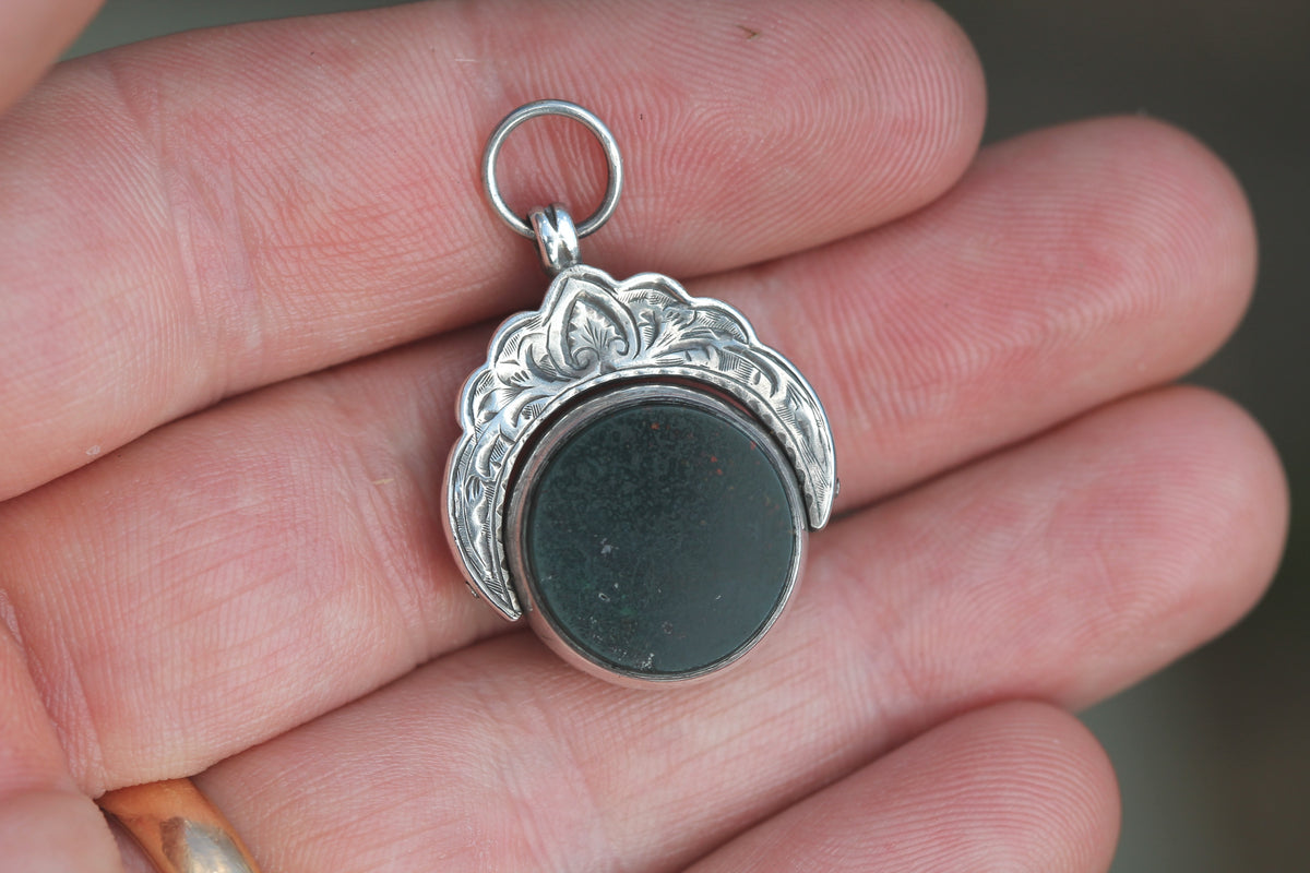 Antique Victorian Sterling Silver Bloodstone & Carnelian Spinner Fob Pendant 1892 — view 4