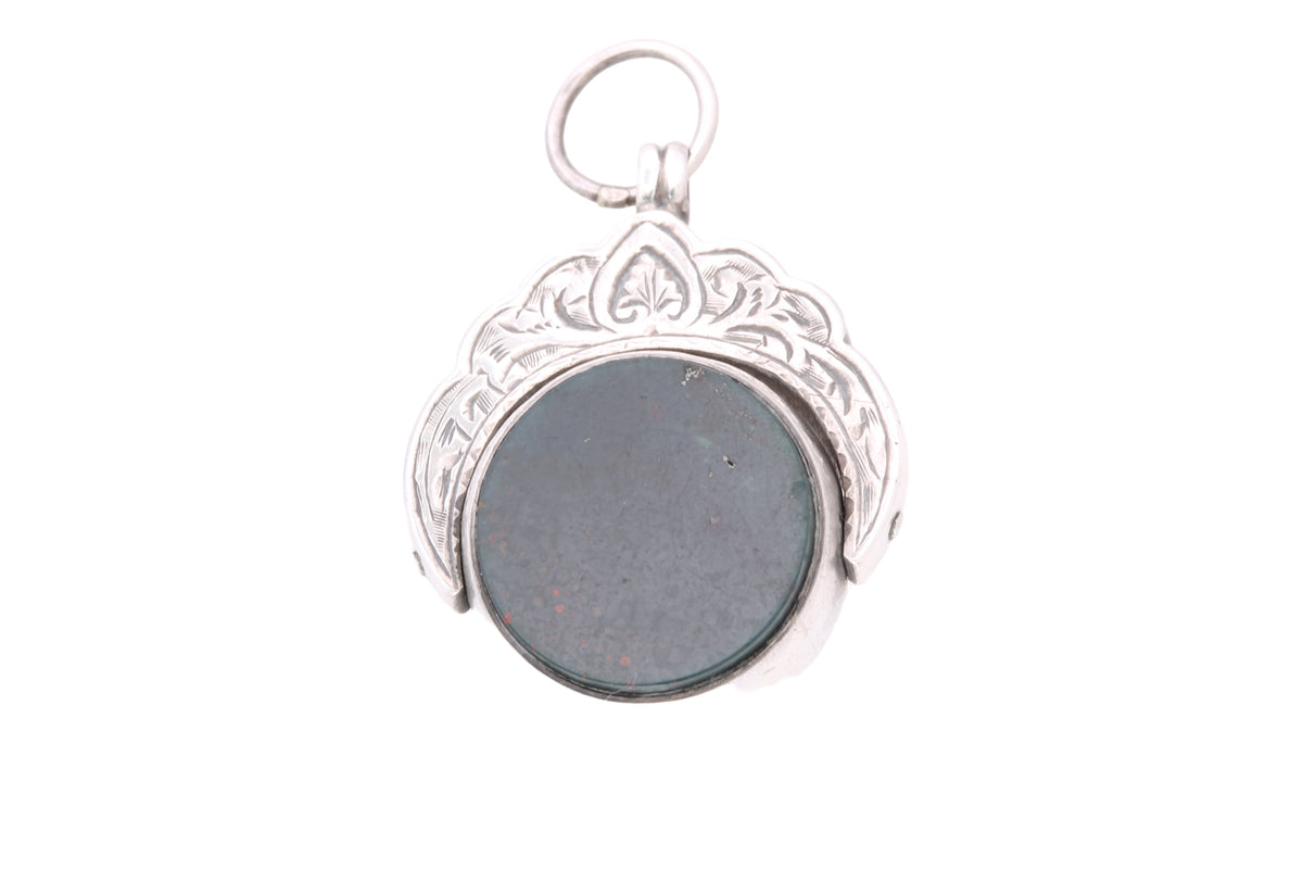 Antique Victorian sterling silver bloodstone and carnelian spinner fob