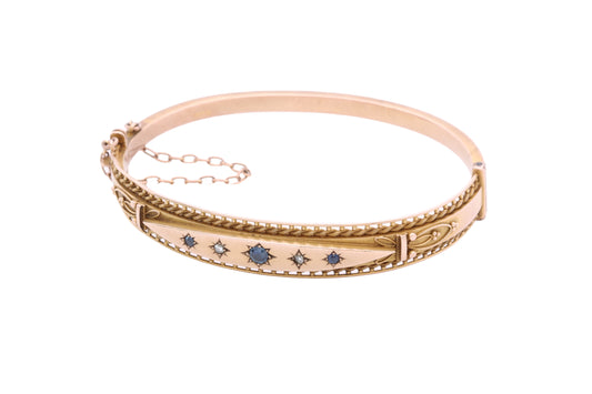 Antique 1911 9ct gold sapphire and diamond hinged bangle