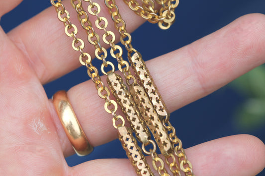 Antique Victorian 9ct rolled gold long guard chain with pierced tab links