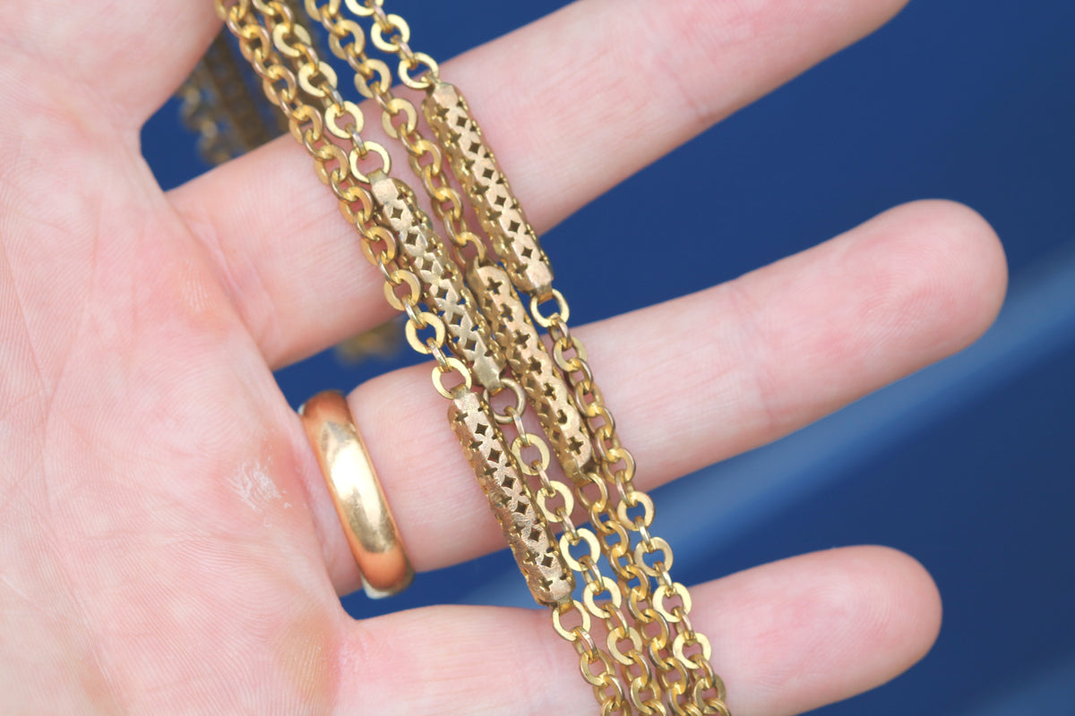 Full length Victorian long guard chain with rolo and decorative tab links