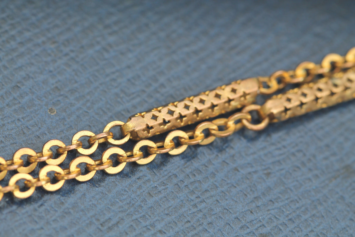 Antique Victorian 9ct Rolled Gold Pierced Tab & Rolo Long Guard Chain c.1890 — view 6