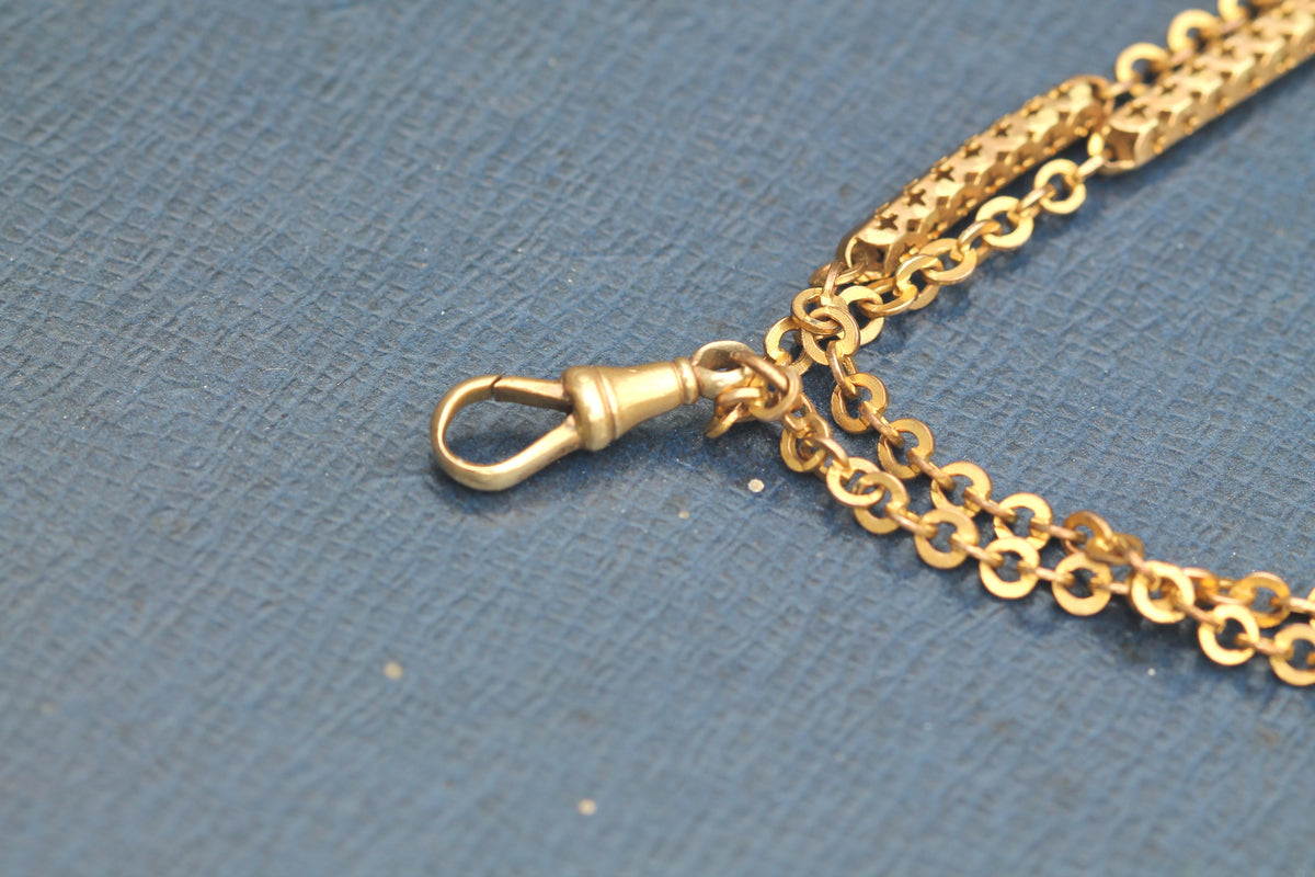 Antique Victorian 9ct Rolled Gold Pierced Tab & Rolo Long Guard Chain c.1890 — view 7