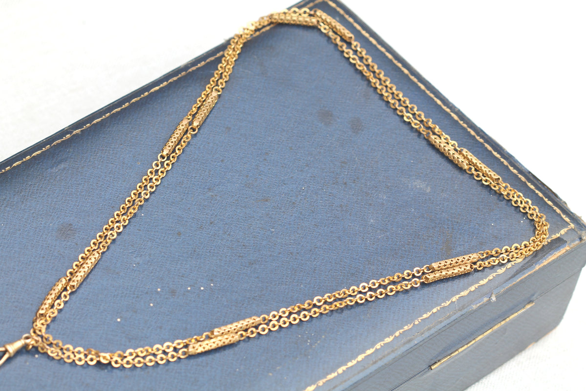 Antique Victorian 9ct Rolled Gold Pierced Tab & Rolo Long Guard Chain c.1890 — view 9