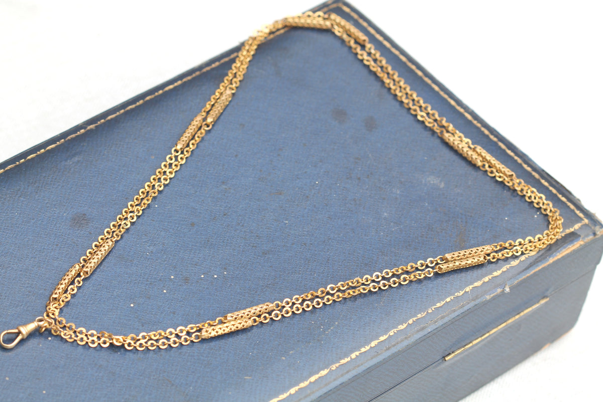 Antique Victorian 9ct Rolled Gold Pierced Tab & Rolo Long Guard Chain c.1890 — view 10
