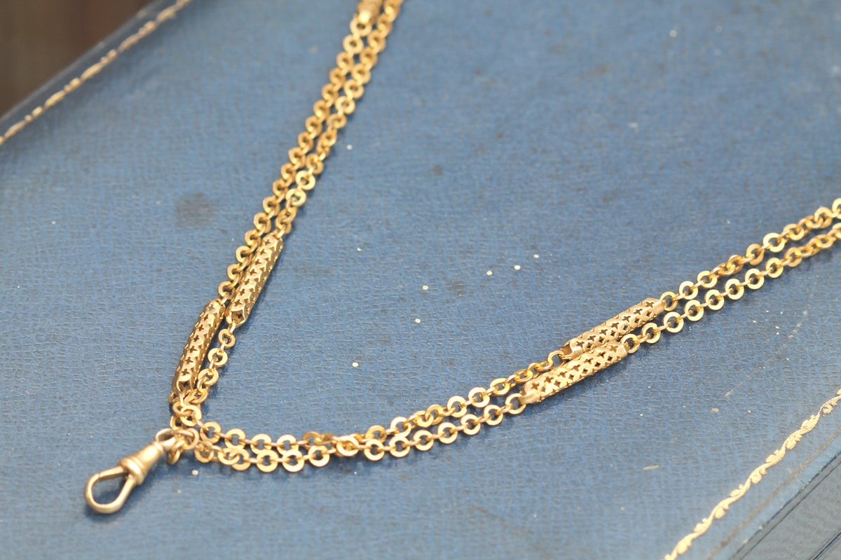 Antique Victorian 9ct Rolled Gold Pierced Tab & Rolo Long Guard Chain c.1890 — view 11