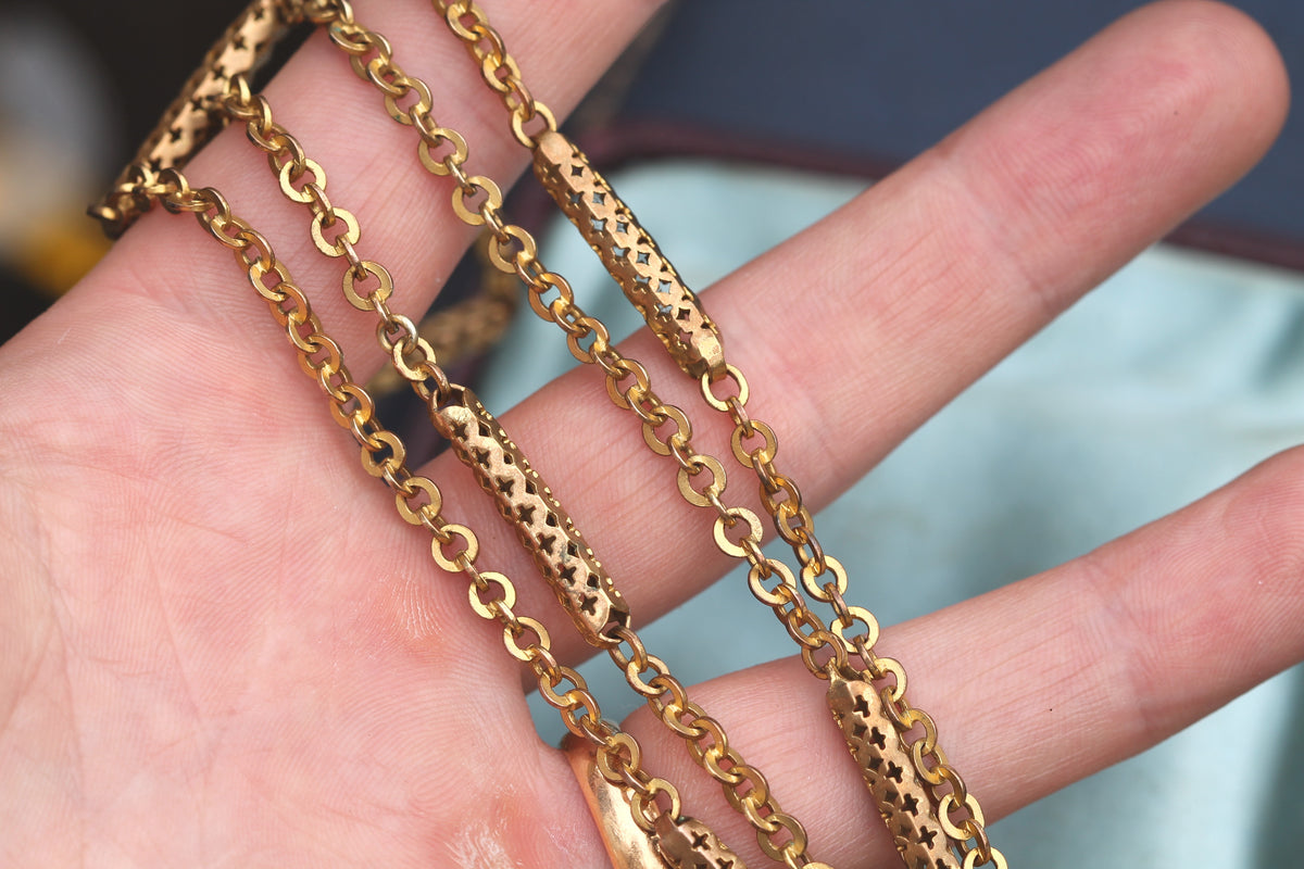 Antique Victorian 9ct Rolled Gold Pierced Tab & Rolo Long Guard Chain c.1890 — view 12