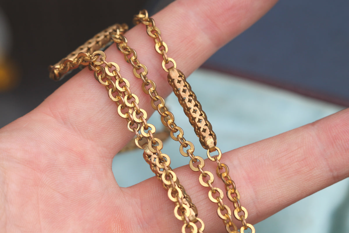 Antique Victorian 9ct Rolled Gold Pierced Tab & Rolo Long Guard Chain c.1890 — view 13