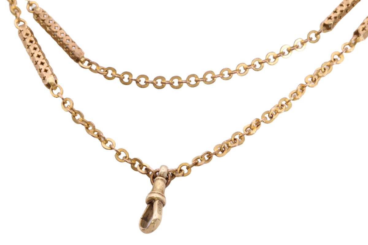 Close-up of original dog clip on Victorian rolled gold long guard chain