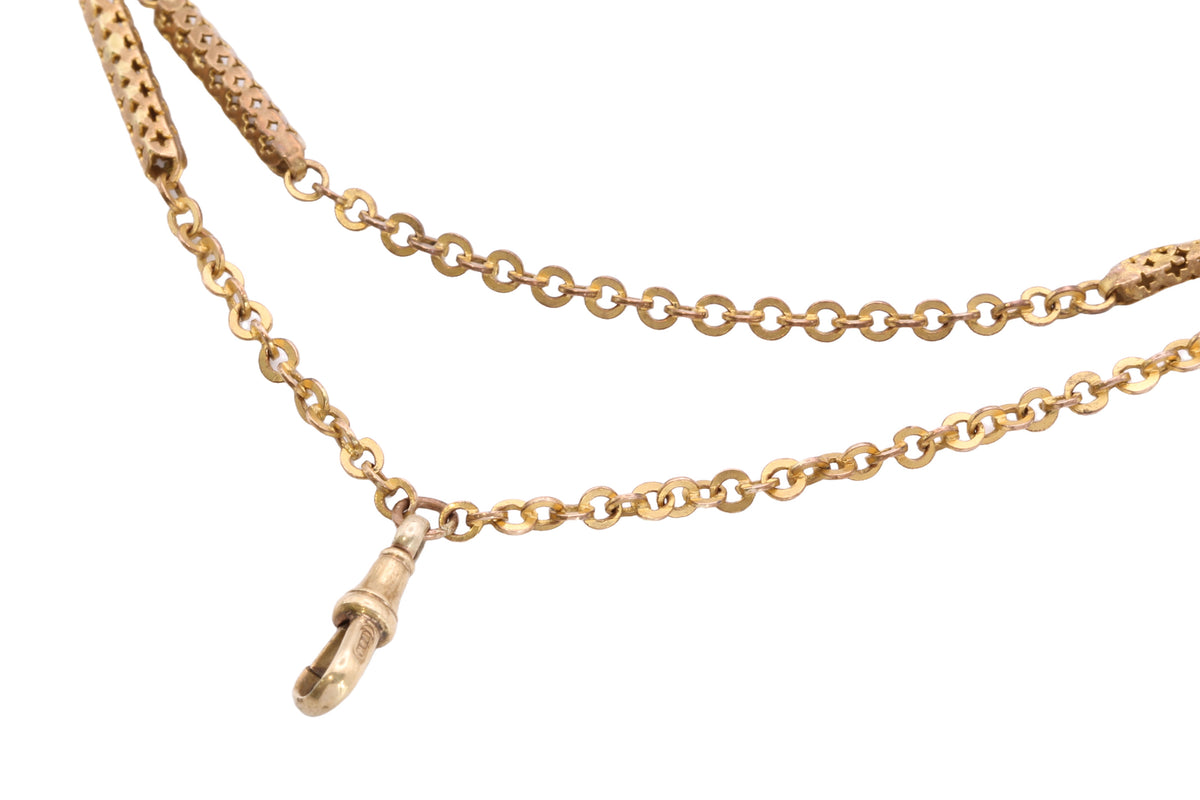 Antique Victorian 9ct Rolled Gold Pierced Tab & Rolo Long Guard Chain c.1890 — view 14