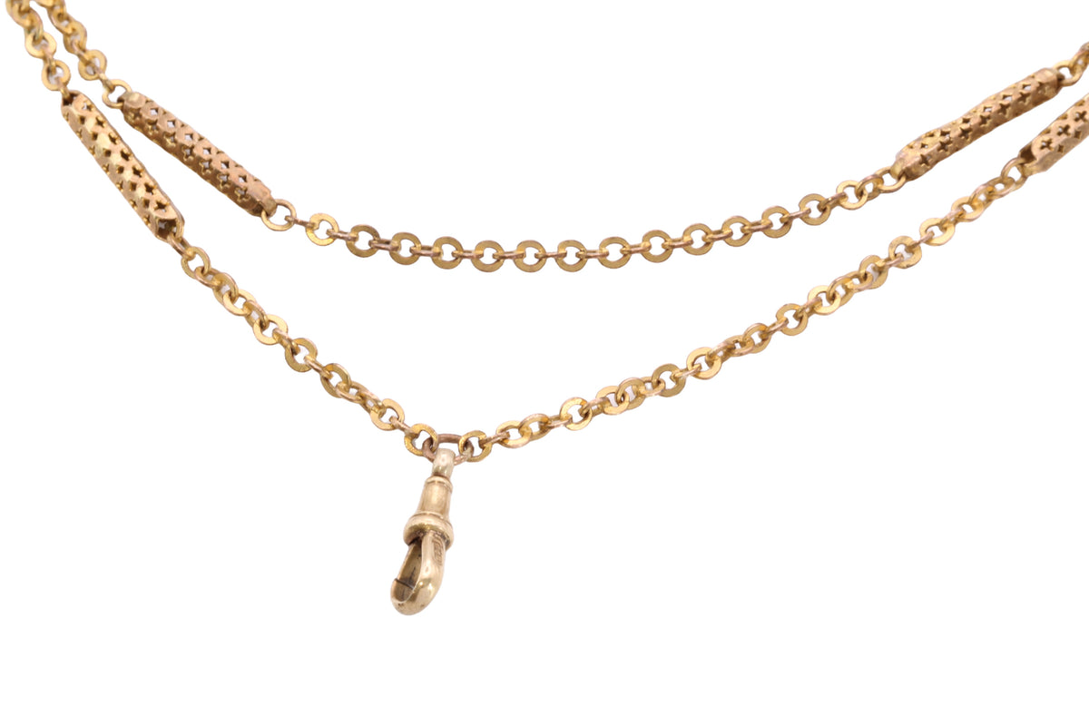 Antique Victorian 9ct Rolled Gold Pierced Tab & Rolo Long Guard Chain c.1890 — view 15