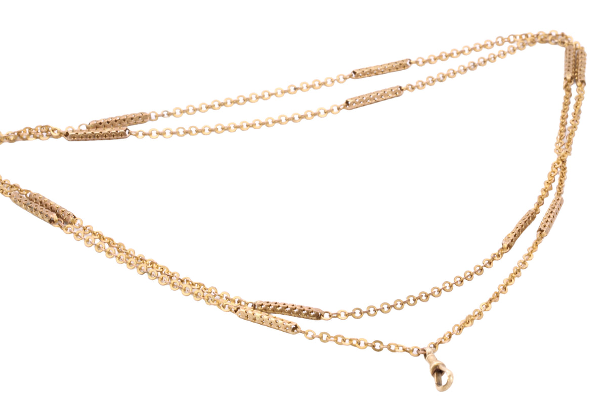 Antique Victorian 9ct Rolled Gold Pierced Tab & Rolo Long Guard Chain c.1890 — view 5