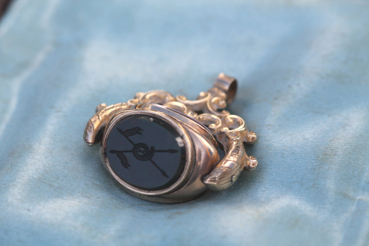 Antique Victorian 9ct Gold Filled Triple Agate Spinner Fob | 9th Queen's Royal Lancers Intaglio — view 9