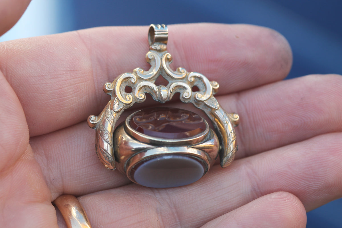 Antique Victorian 9ct Gold Filled Triple Agate Spinner Fob | 9th Queen's Royal Lancers Intaglio — view 11