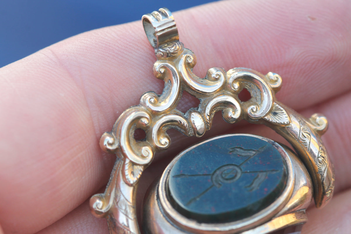 Antique Victorian 9ct Gold Filled Triple Agate Spinner Fob | 9th Queen's Royal Lancers Intaglio — view 14