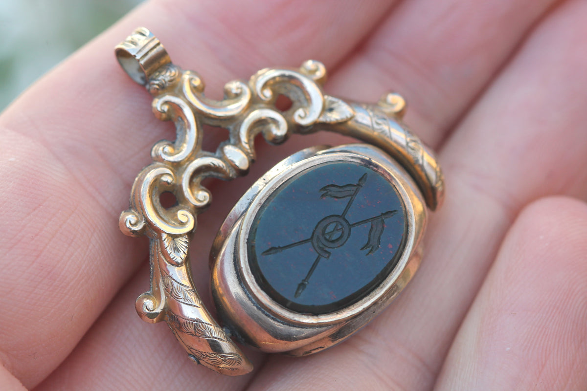 Antique Victorian triple agate spinner fob with 9th Queen's Royal Lancers bloodstone intaglio