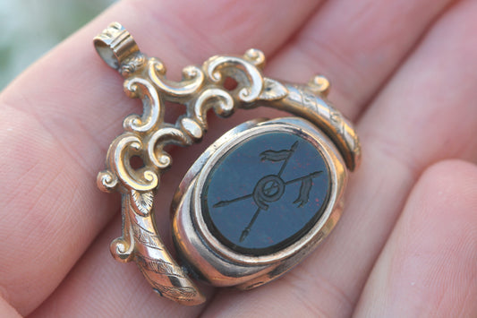 Antique Victorian triple agate spinner fob with 9th Queen's Royal Lancers bloodstone intaglio