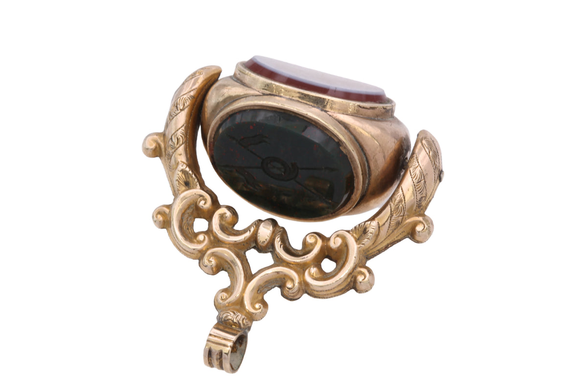 Antique Victorian 9ct Gold Filled Triple Agate Spinner Fob | 9th Queen's Royal Lancers Intaglio — view 17