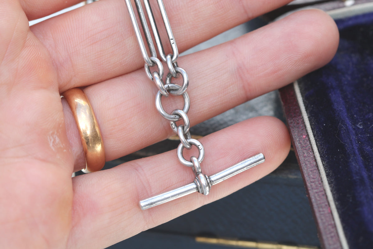 Antique 1914 Sterling Silver Trombone Link Double Albert Chain | 14" — view 7