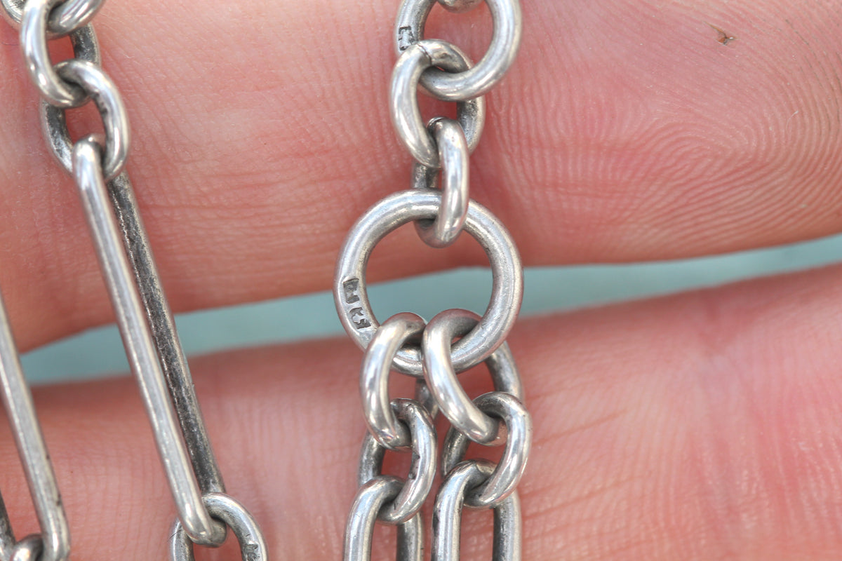 Antique 1914 Sterling Silver Trombone Link Double Albert Chain | 14" — view 8