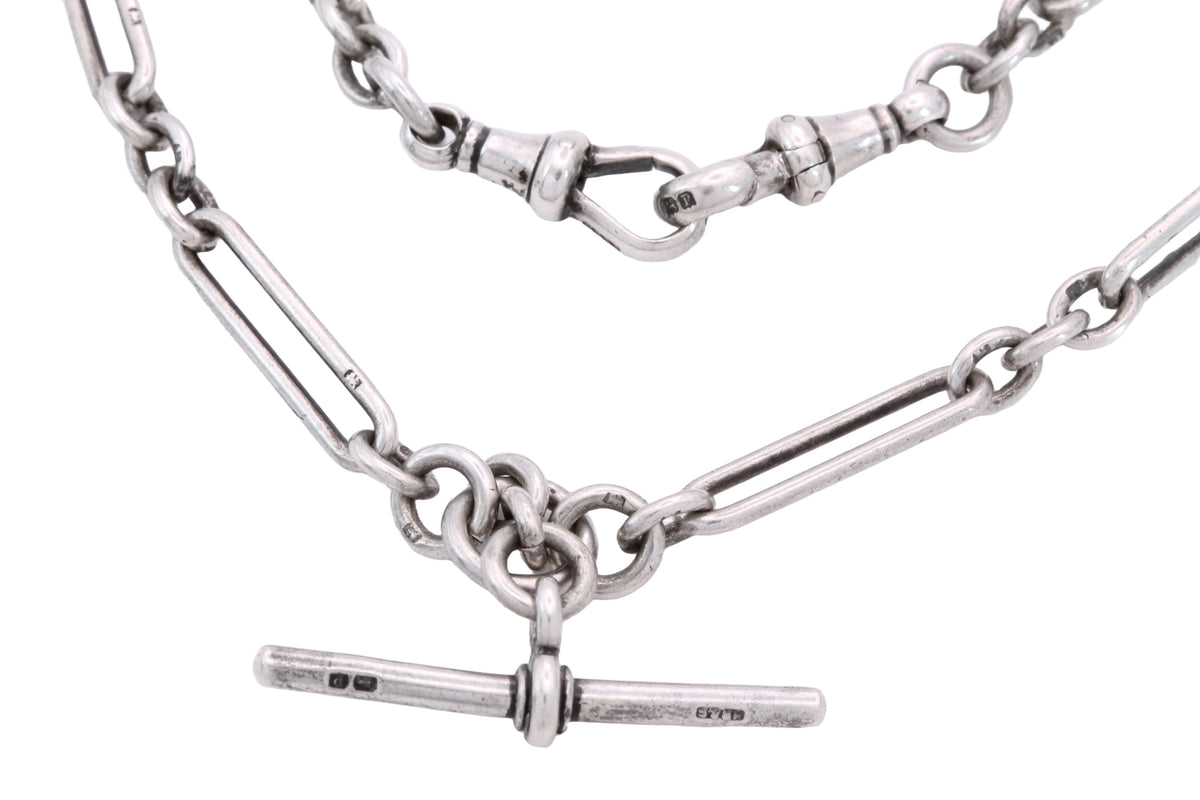Antique 1914 sterling silver trombone link double Albert chain with T-bar