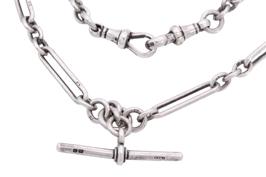 Antique 1914 sterling silver trombone link double Albert chain with T-bar