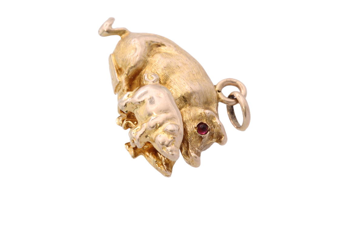 Antique Edwardian 15ct Gold Pig & Piglet Charm with Ruby Eyes — view 13