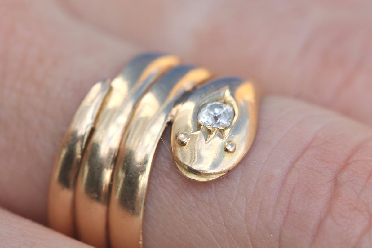 Close-up of antique snake head showing old mine cut diamond