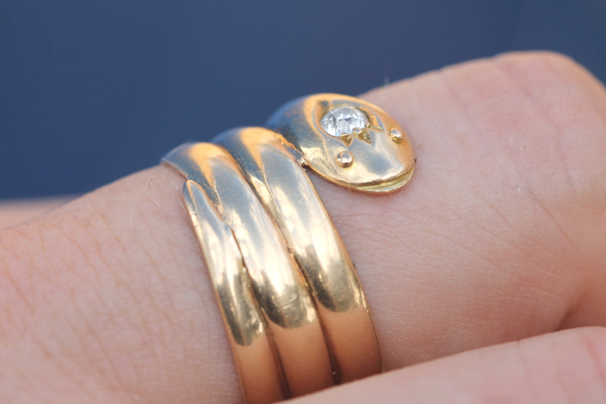 Antique Victorian 18ct gold coiled snake ring with old mine cut diamond