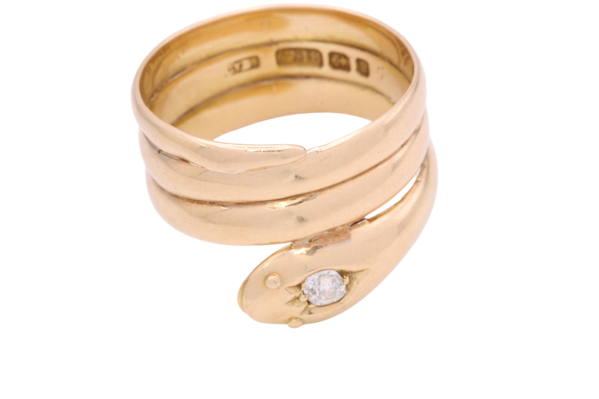 Victorian 18ct gold snake ring worn on the finger