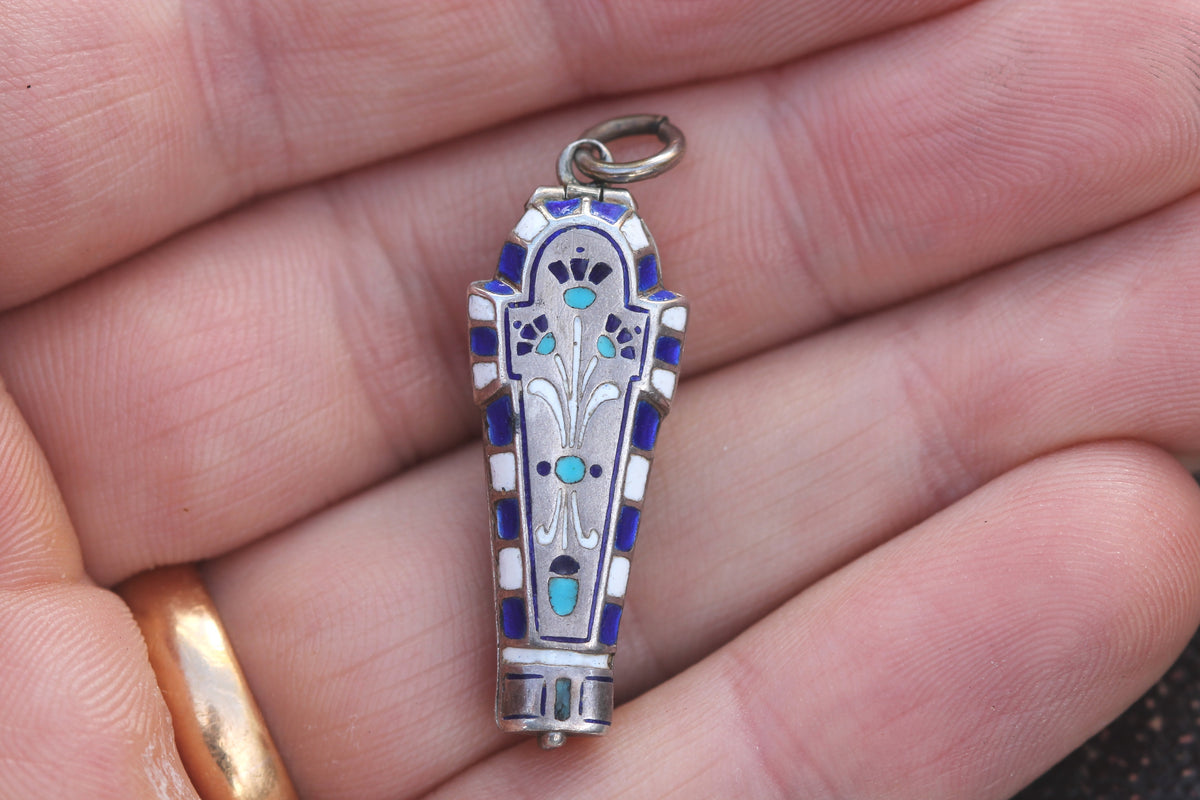 Art Deco Continental 800 Silver Enamel Egyptian Sarcophagus Pendant c.1930s — view 7