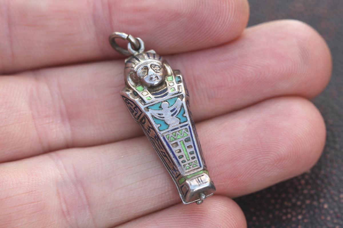 Art Deco Continental 800 Silver Enamel Egyptian Sarcophagus Pendant c.1930s — view 5