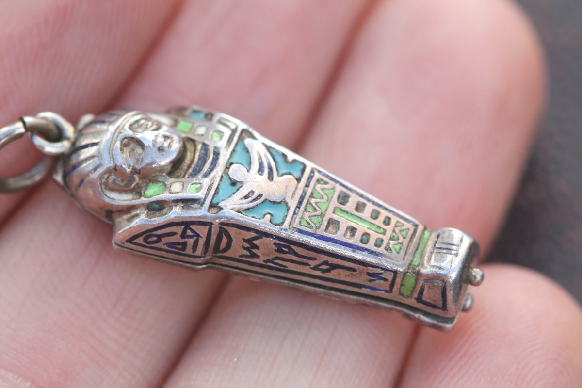 Art Deco Continental 800 Silver Enamel Egyptian Sarcophagus Pendant c.1930s — view 9