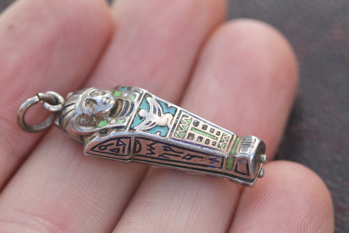 Art Deco Continental 800 Silver Enamel Egyptian Sarcophagus Pendant c.1930s — view 10