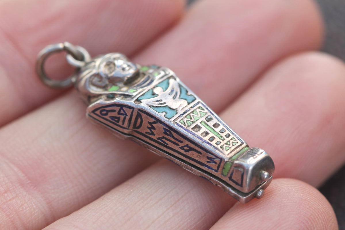 Art Deco Continental 800 Silver Enamel Egyptian Sarcophagus Pendant c.1930s — view 11