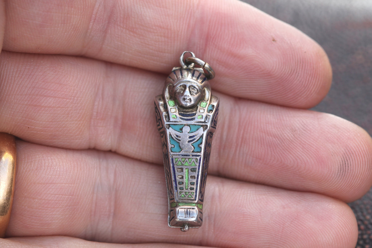 Art Deco Continental 800 Silver Enamel Egyptian Sarcophagus Pendant c.1930s — view 12
