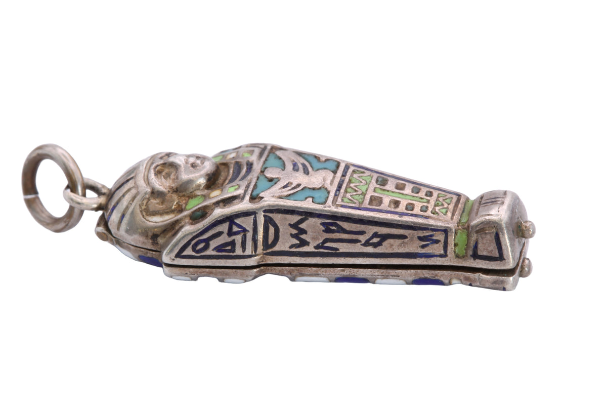 Reverse of Art Deco sarcophagus pendant with blue and turquoise enamel