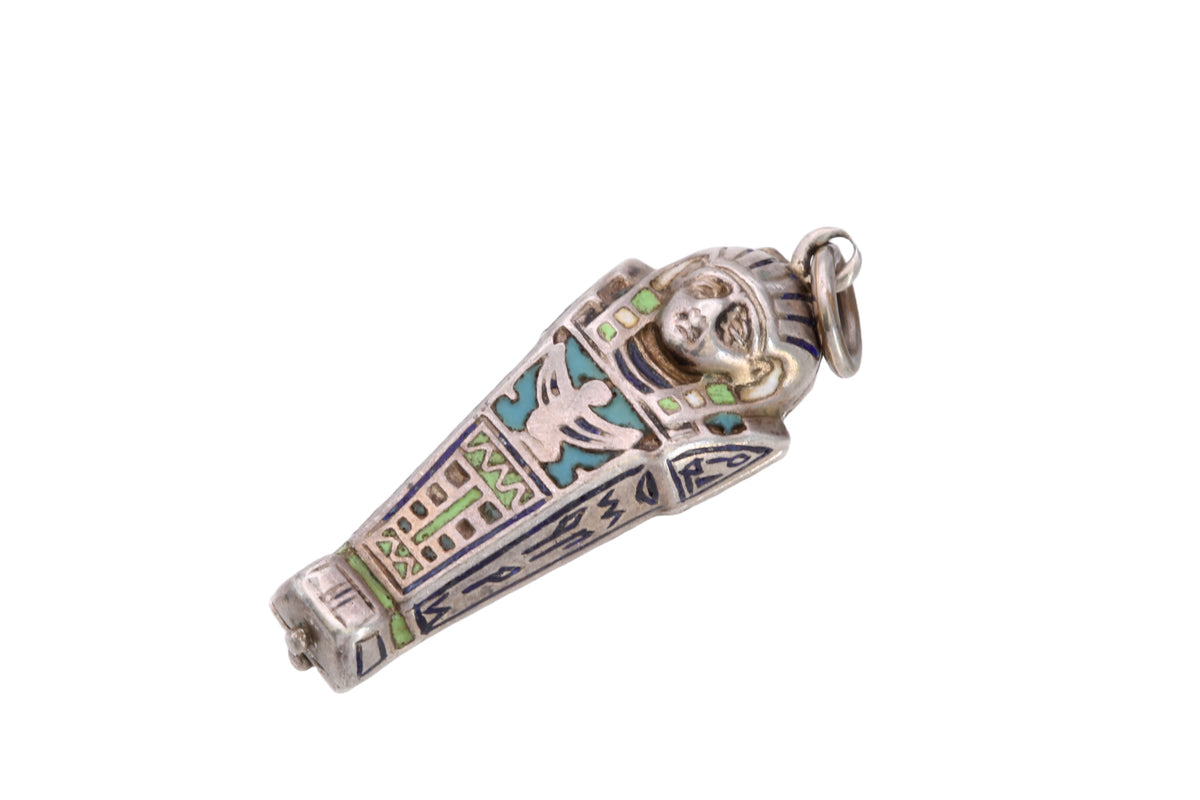 Art Deco Continental 800 silver enamel Egyptian sarcophagus pendant