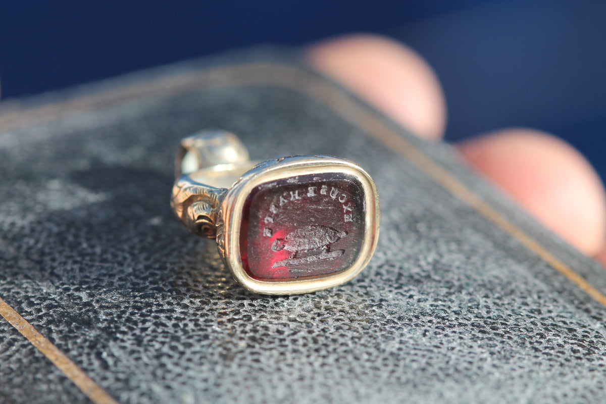 Antique Victorian Rolled Gold Tortoise “Excuse Haste” Red Glass Intaglio Seal c.1860 — view 6