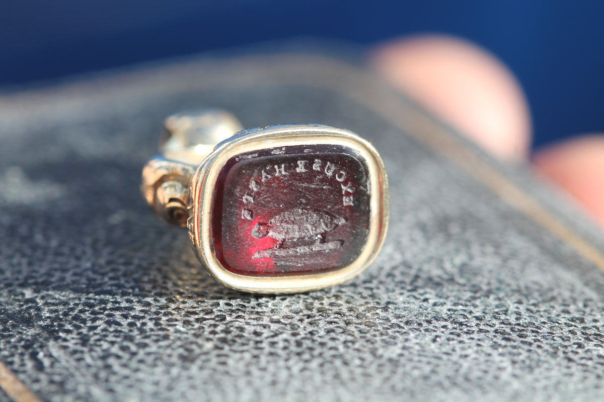 Antique Victorian Rolled Gold Tortoise “Excuse Haste” Red Glass Intaglio Seal c.1860 — view 18