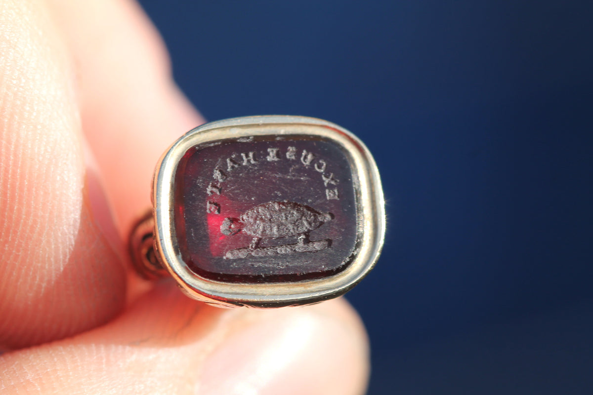 Antique Victorian rolled gold tortoise Excuse Haste red glass intaglio seal