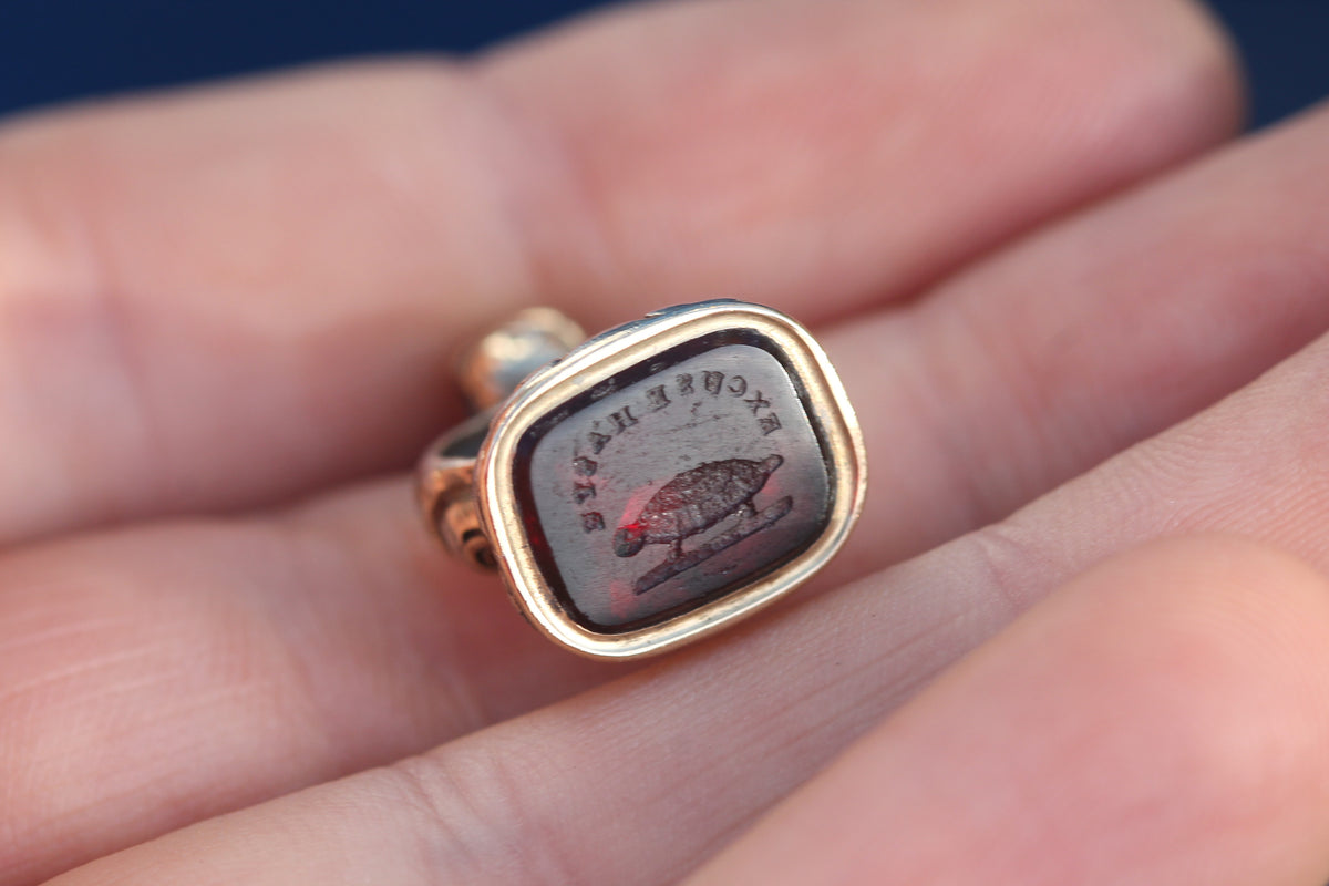 Close-up of red glass intaglio showing tortoise beneath Excuse Haste wording