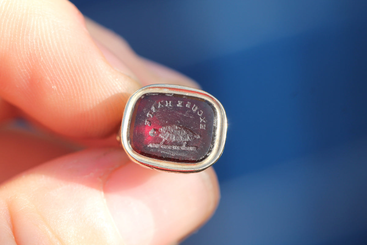 Antique Victorian Rolled Gold Tortoise “Excuse Haste” Red Glass Intaglio Seal c.1860 — view 9