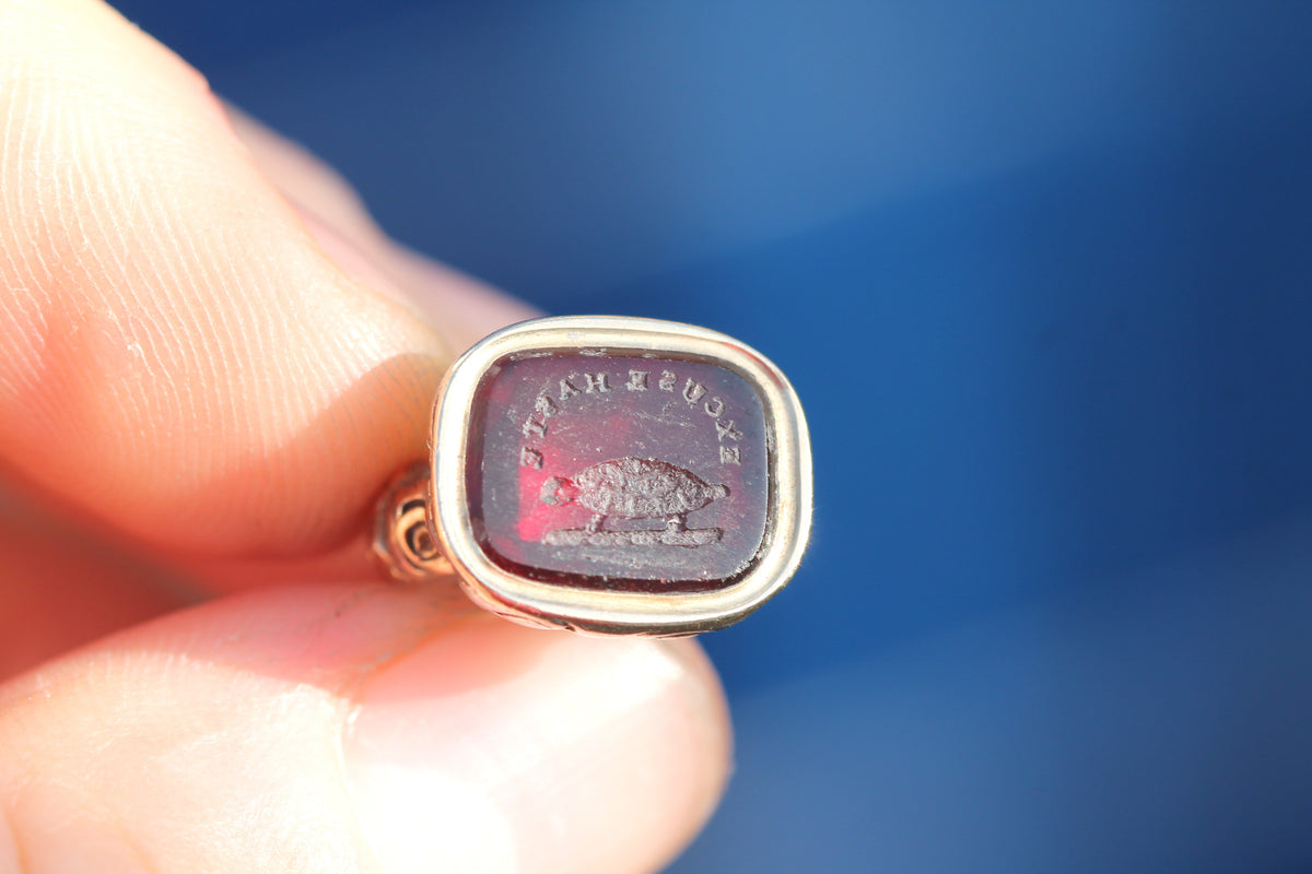 Antique Victorian Rolled Gold Tortoise “Excuse Haste” Red Glass Intaglio Seal c.1860 — view 10