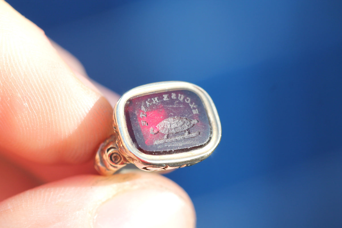 Antique Victorian Rolled Gold Tortoise “Excuse Haste” Red Glass Intaglio Seal c.1860 — view 11